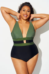 Green Colorblock Cut Out One Piece Swimsuit