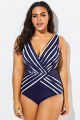 Blue and White Stripe Mesh One Piece Swimsuit
