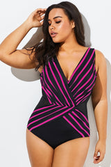 Black & Pink V-Neck Streak Casual One Piece Swimsuit