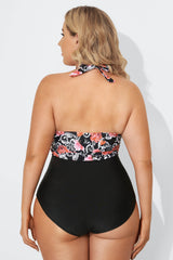 Vintage Flower Faux Wrap Halter One Piece Swimsuit