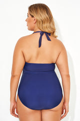 Blue Faux V-neck Women One Piece Swimsuit