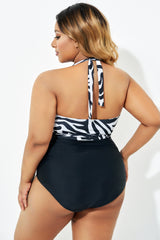 Black & White Faux Wrap Halter One Piece Swimsuit