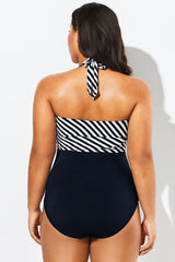 Black & White Halter Wrap One Piece Swimsuit