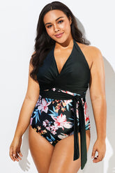 V-Neck Halter Floral Print One Piece Swimsuit