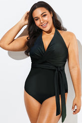 Black V-Neck Wrap Halter One Piece Swimsuit