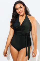 Black V-Neck Wrap Halter One Piece Swimsuit
