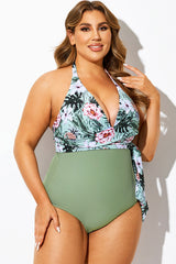 Floral Print Wrap Halter One Piece Swimsuit
