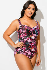 Floral Print Twist Front Push Up One Piece Swimsuit