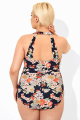 Floral Print H-Back Sarong Front One Piece Swimsuit