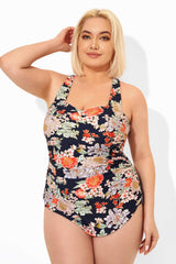 Floral Print H-Back Sarong Front One Piece Swimsuit