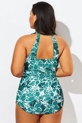 Flower Printed H-Back Sarong Front One Piece Swimsuit
