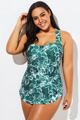 Flower Printed H-Back Sarong Front One Piece Swimsuit