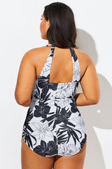 Black&White Floral Sarong One Piece Swimsuit