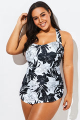 Black&White Floral Sarong One Piece Swimsuit