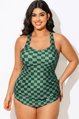 Green Check Sarong Front One Piece Swimsuit
