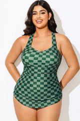 Green Check Sarong Front One Piece Swimsuit