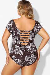 V-Neck Leaf Print Ruffles sleeves One Piece Swimsuit