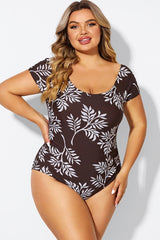 V-Neck Leaf Print Ruffles sleeves One Piece Swimsuit
