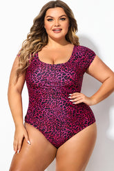 Pink Leopard Print Modest Elastic One Piece Swimsuit