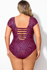Pink Leopard Print Modest Elastic One Piece Swimsuit
