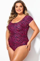 Pink Leopard Print Modest Elastic One Piece Swimsuit