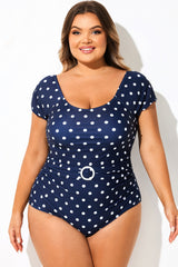 Polka Dots Belted Modest Elastic One Piece Swimsuit