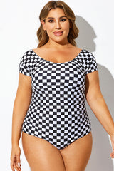 Black & White Check Modest Elastic One Piece Swimsuit