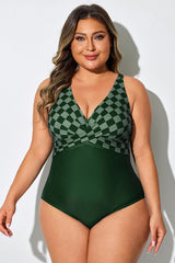 Green Check Adjustable Straps One Piece Swimsuit