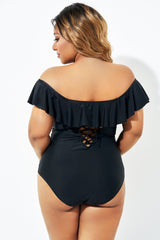 Black Bandeau Off the Shoulder Ruffle One Piece Swimsuit