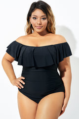 Black Bandeau Off the Shoulder Ruffle One Piece Swimsuit