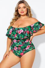 Floral Print Bandeau Off The Shoulder Ruffle One Piece Swimsuit