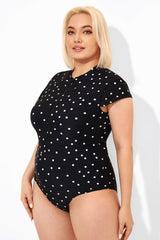 Polka Dots Zipper One Piece Swimsuit with Cap Sleeves