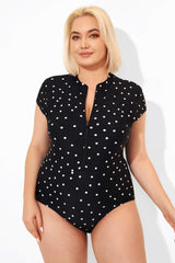 Polka Dots Zipper One Piece Swimsuit with Cap Sleeves