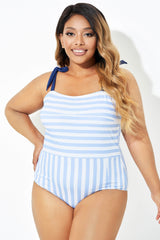Blue & White Stripe Self-tie Straps One Piece Swimsuit