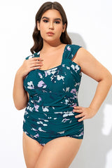 Deep Green Floral Off Shoulder One Piece Swimsuit