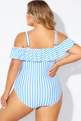 Blue & White Striped Off The Shoulder One Piece Swimsuit