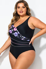 Black Flower Printed Women One Piece Swimsuit