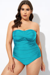 Blue Twist Front Strapless Bandeau One Piece Swimsuit