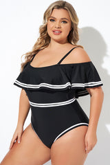 Black and White Off Shoulder Ruffles One Piece Swimsuit