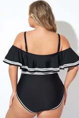 Black and White Off Shoulder Ruffles One Piece Swimsuit