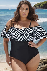 Black & White Off Shoulder Aztec Print One Piece Swimsuit