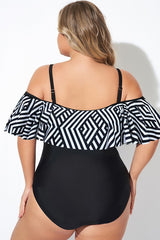 Black & White Off Shoulder Aztec Print One Piece Swimsuit