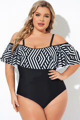 Black & White Off Shoulder Aztec Print One Piece Swimsuit