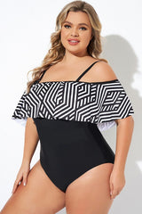 Black & White Off Shoulder Aztec Print One Piece Swimsuit