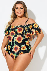 Sunflower Print Off-Shoulder Ruffle Trim One Piece Swimsuit