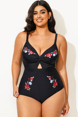 Black Flower Adjustable Straps Cut Out Front One Piece Swimsuit