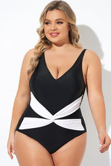 Black and White Twist Front One Piece Swimsuit