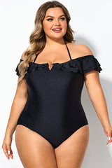 Black Flounce Off The Shoulder Ruffle One Piece Swimsuit