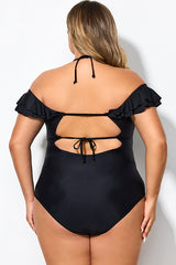 Black Flounce Off The Shoulder Ruffle One Piece Swimsuit
