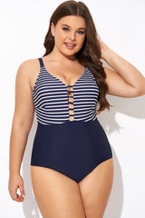 Stripe Plunge Deep V neck One Piece Swimsuit